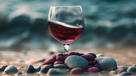 Glass of sangria by a sea bar,Man holding wine glass in the nature. Generative Aiの素材