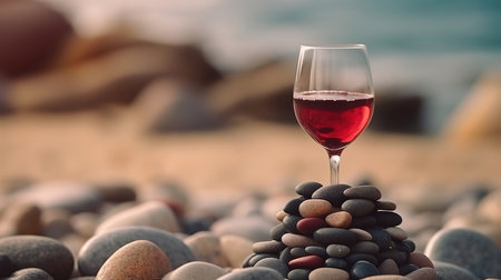 Red wine being poured in wineglass on background, Fun day at the beach. Generative Aiの素材