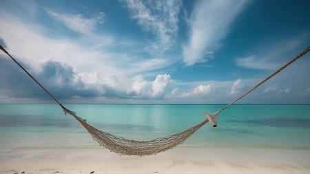 Empty hammock swing around beach sea ocean with white cloud blue sky for travel. Generative Aiの素材