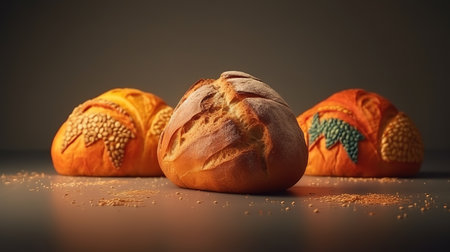 Bread bun on marble on wooden board. Generative Aiの素材