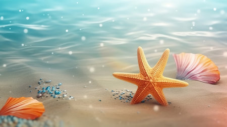 shell on sand and summer time, Concept for holiday, vacation, travel, summer time. Generative Aiの素材