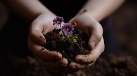 Man holding a purple spring flower in a soil in his hands suitable for life. Generative Aiの素材