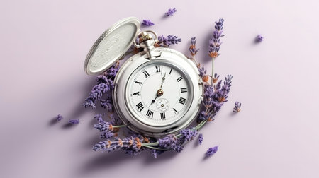 Op view flowers with card and clock beside. Generative Aiの素材