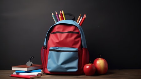 notebooks pencils scissors with red apple on grey wooden desk. Generative Aiの素材