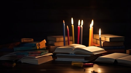 Books with lighting candle on wooden table at night time,Back to School,Education. Generative Aiの素材
