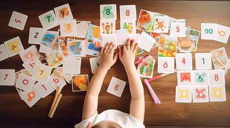 Children hands touching white cards of letters numbers and pictures for little. Generative Aiの素材