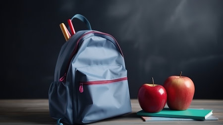 notebooks pencils scissors with red apple on grey wooden desk. Water bottle. Generative Aiの素材