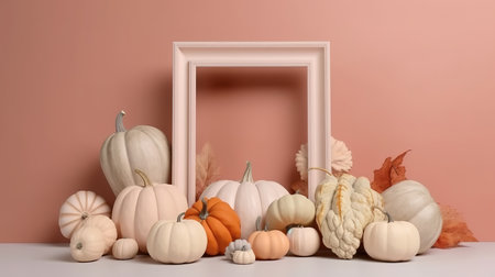 Blank frame with pumpkins around on pastel background in autumn concept. Generative Aiの素材