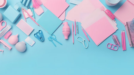 Assorted office and school pink white and blue stationery on pastel background. Generative Aiの素材