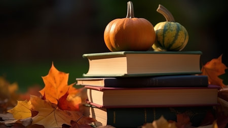 stack of books,maple leaves and pumpkins in autumn garden.Autumn cozy reading. Generative Aiの素材