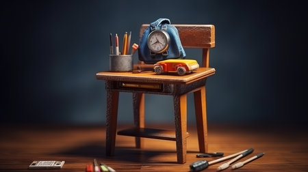 Vintage school desk with pencil penknife and baby cubes. Generative Aiの素材