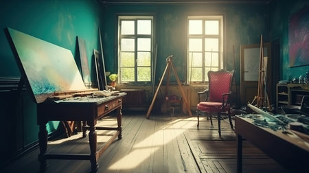 artist studio, with a retro effect, time for review. Generative Aiの素材