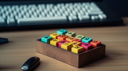 Office desktop with laptop, Stationery lying near calculator and geometric figures. Generative Aiの素材