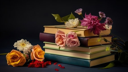 High angle of book arrangement on wooden table. Generative Aiの素材
