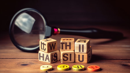 Search concept with magnifier, wooden blocks. Generative Aiの素材