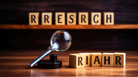 Wooden cubes with the word research stand on a wooden background between a magnifying. Generative Aiの素材