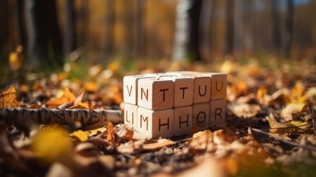 The laid out inscription nature from wooden cubes birch fallen tree in the autumn. Generative Aiの素材