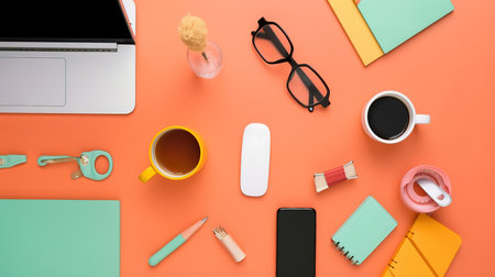Office desk workspace and table background from top view above flat lay objects. Generative Aiの素材