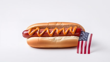 Hot dog with USA flag and French fries on white background. Traditional American. Generative Aiの素材