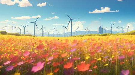 Banner, wind turbines, poppy flower field in AutumnBanner, wind turbines. Generative Aiの素材