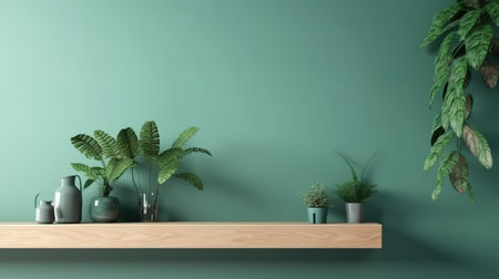 Minimal wall with angel vine plant and wooden shelf. Generative Aiの素材