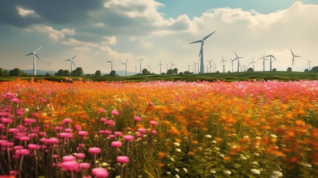 Field full of flowers with wind turbines in the background, poppy flower field. Generative Aiの素材