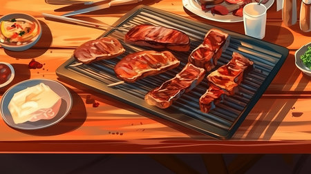 People group catering buffet food indoor in restaurant with meat colorful fruits and vegetables. Generative Aiの素材