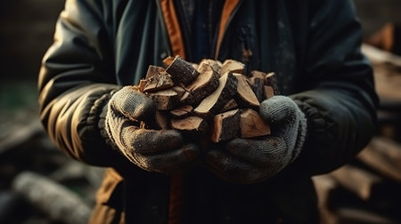 Adult man holding firewood outside, Camp with bonfire. Generative Aiの素材