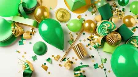 Set of props for st.patrick 's day party. green and gold paper decorations, hat. Generative Aiの素材