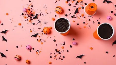 Halloween flat lay with decorations made from pumpkin, paper bats and black spider. Generative Aiの素材