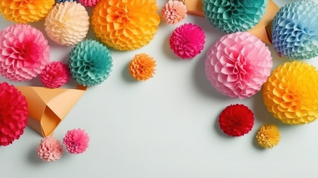 Honeycomb balls decorations border paper pom pom on a white background flat lay. Generative Aiの素材