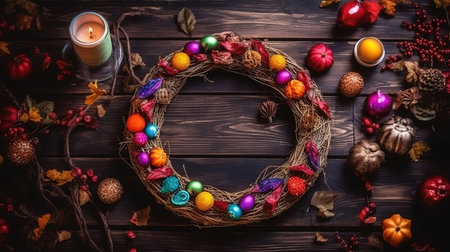 Round decorative frame with christmas decorations and gift boxes Halloween party. Generative Aiの素材