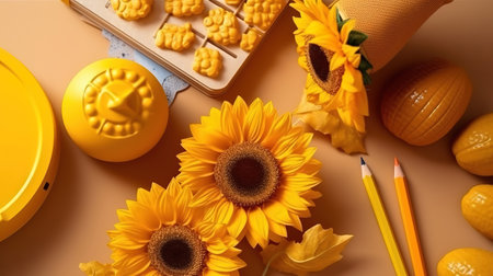 Books, glasses, markers and a bouquet of flowers in a vase on white. Generative Aiの素材