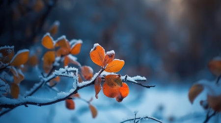 Selective focus shot of branches with autumn leaves covered with frost. Generative Aiの素材