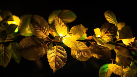 Burning garland on brown table,leaves beginning to turn yellow on a branch. Generative Aiの素材