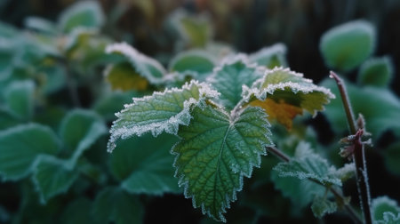 Closeup view of frozen leaves of plant bushes on a cold winter morning. Generative Aiの素材