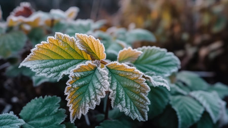first frost on green nettle mint leaves, view rom above, Autumn park in the first snow.Generative Aiの素材