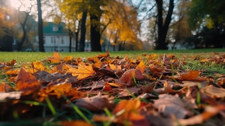 Low angle POV scenery multicoloroed bright vibrant oak and maple first fallen dry. Generative Aiの素材