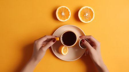 Close-up of a person's hand having croissant with lemon tea on white background. Generative Aiの素材