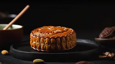 beautiful moon cake on black slate table with tea, pastry mold, Colorful beautiful. Generative Aiの素材