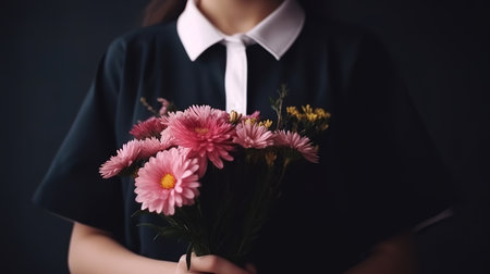 School girl dressed in school uniform holding a bright pink festive bouquet of flowers.Generative Aiの素材