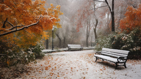 orange foliage white snow covered. First snow in late fall - weather forecast. Generative Aiの素材