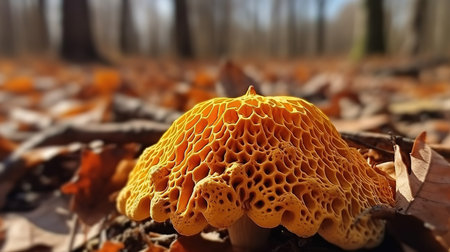 Vertical selective closeup shot of mushrooms among green grass in a forest. Generative Aiの素材