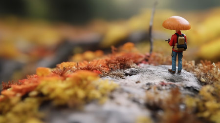 Closeup shot of hand taking mushrooms in the forest with green grass and brown leaves. Generative Aiの素材