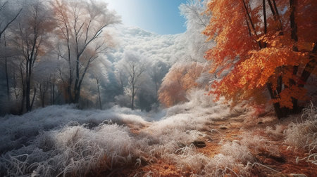 The first snow in the autumn forest at mountains. Colorful fallen leaves in the sunlight. Generative Aiの素材