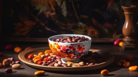 A cup of hot herbal tea flowers and chocolate bars on mixed color table. Generative Aiの素材