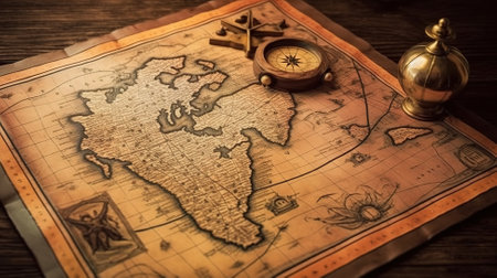 High angle compass and pen on map, Old compass on vintage map, Happy Columbus day. Generative Aiの素材