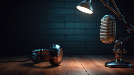 Retro style microphone and headphones on background. Generative Aiの素材