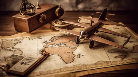 Old compass discovery and wooden plane on vintage paper antique world map background. Generative Aiの素材