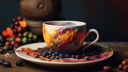 Natural coffee beans in an artistic cup painted like a famous painting. Generative Aiの素材